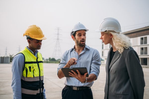 Three people are standing in a construction site, one of them holding a tablet